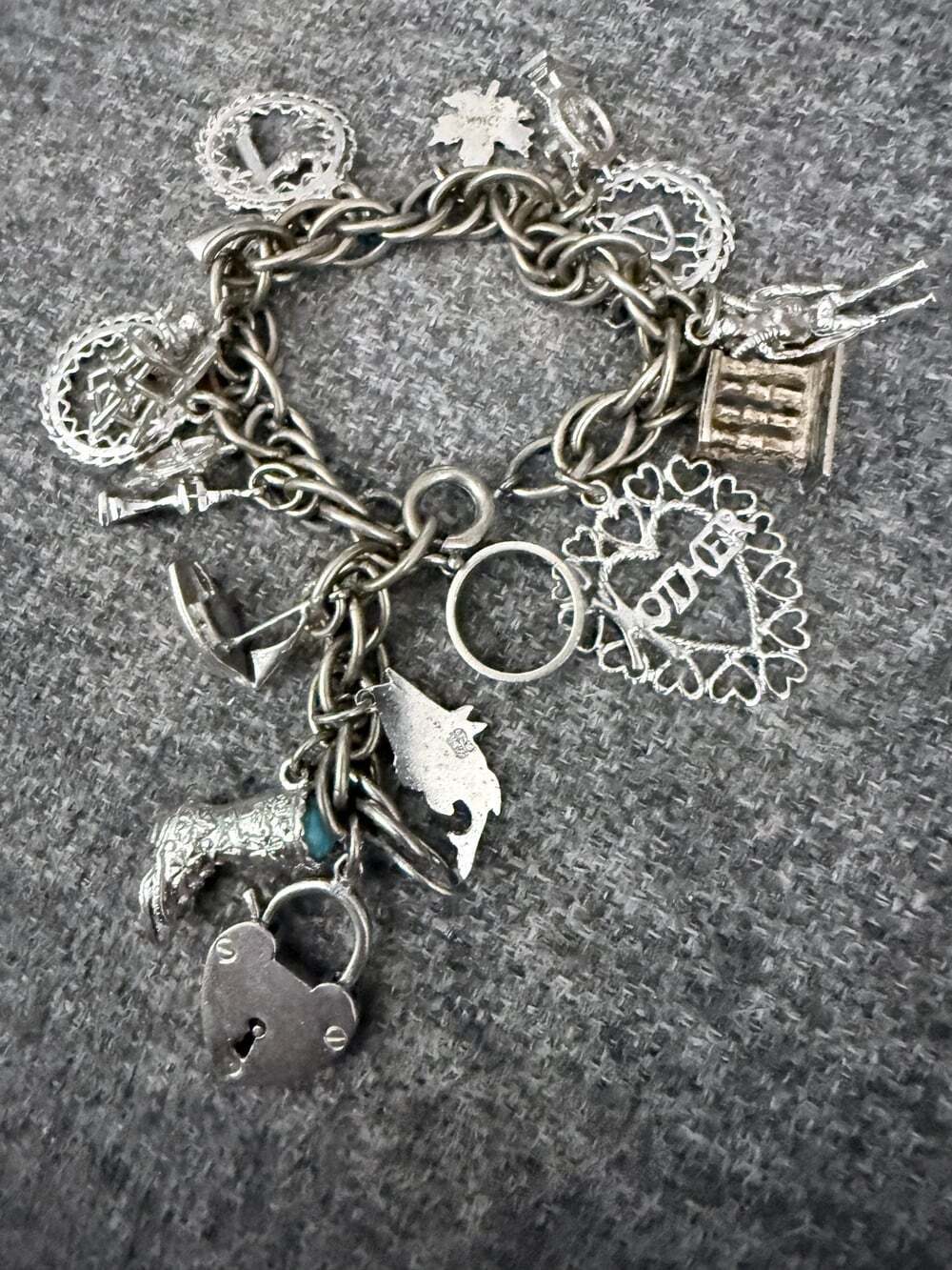 Vintage Sterling Silver Loaded Charm Bracelet with Heart Padlock & 16 Charms